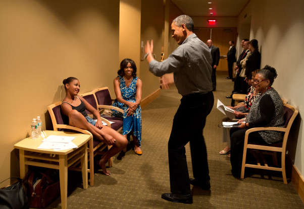 June 16, 2013 "The President shows off his dance moves as he and the First Lady waited backstage during an intermission of daughter Sasha's dance recital at Strathmore Arts Center in North Bethesda, Maryland." (Official White House Photo by Pete Souza)