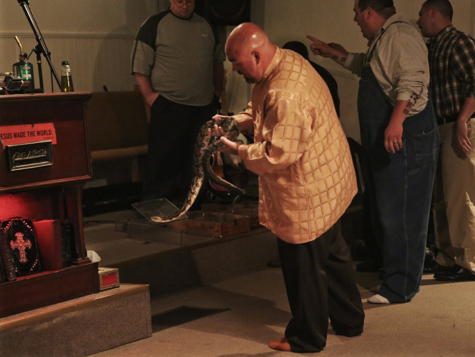 Pastor Jamie Coots holds a snake at Full Gospel Tabernacle in Jesus Name Church of Middlesboro, Ky.