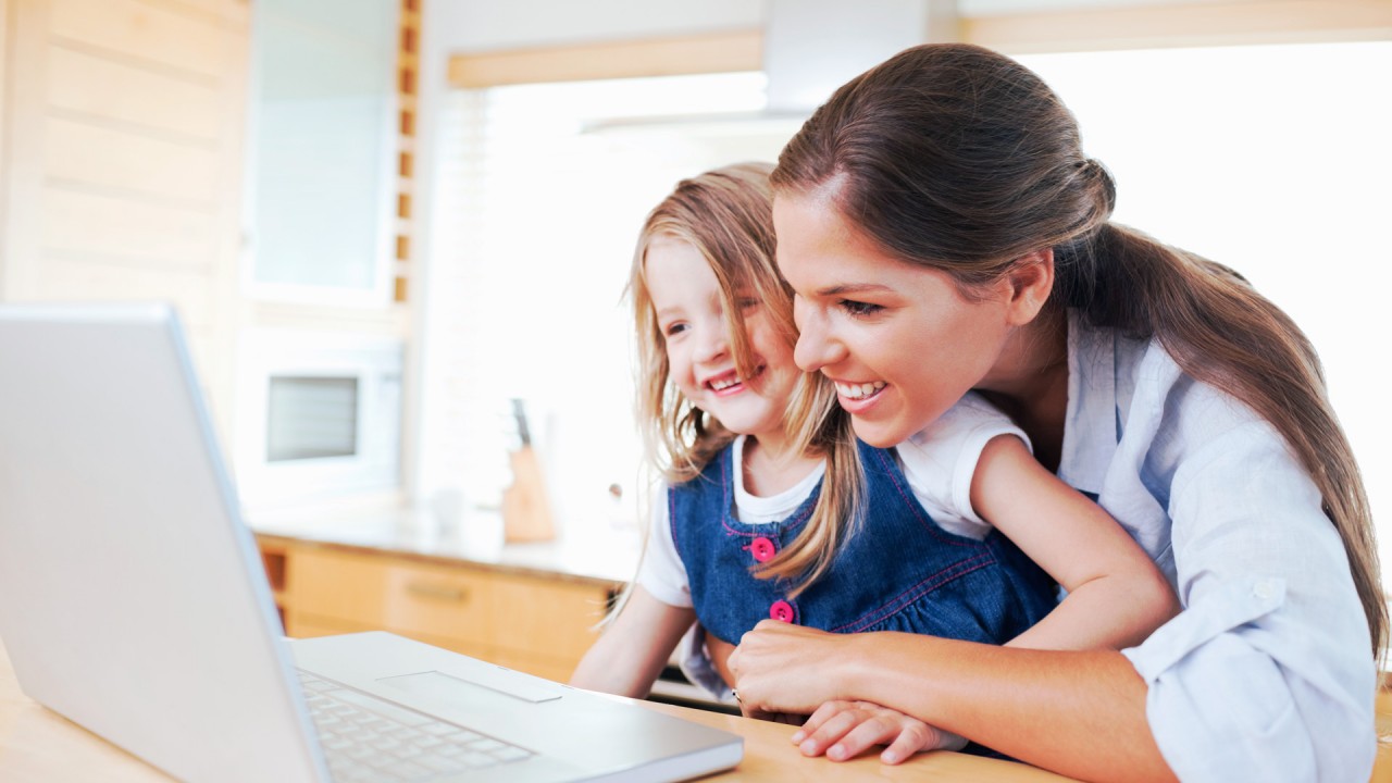 children, Mother daughter girl homework internet laptop