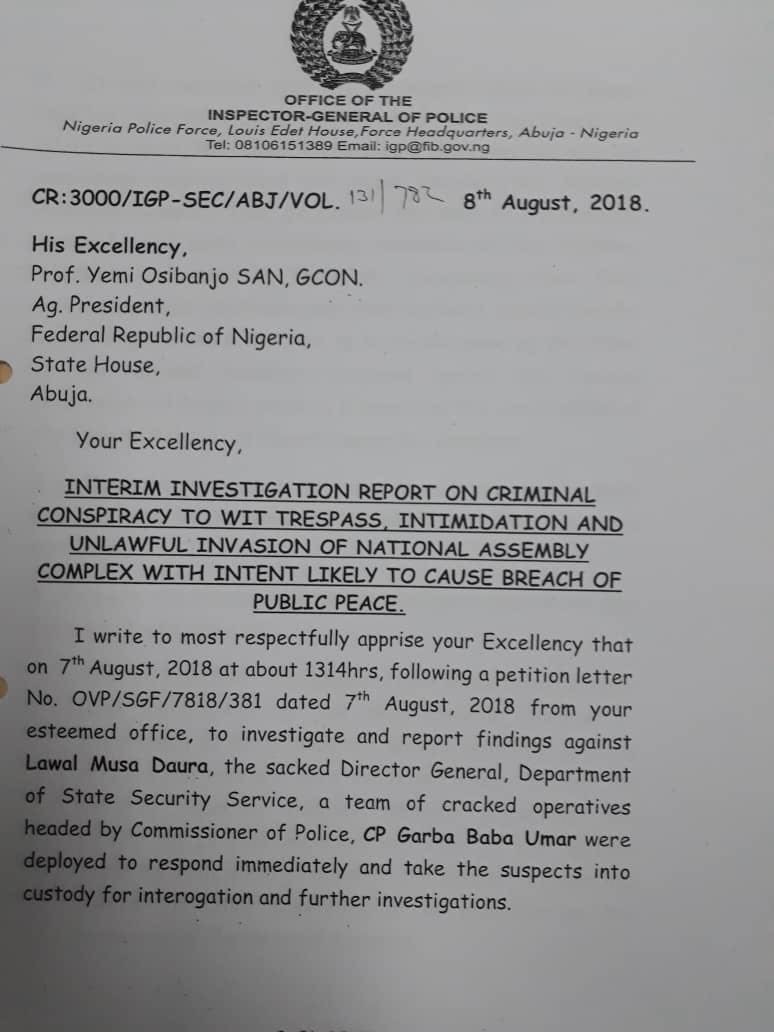 IGP Police Letter to Yemi Osinbajo National Assembly Blockade APC