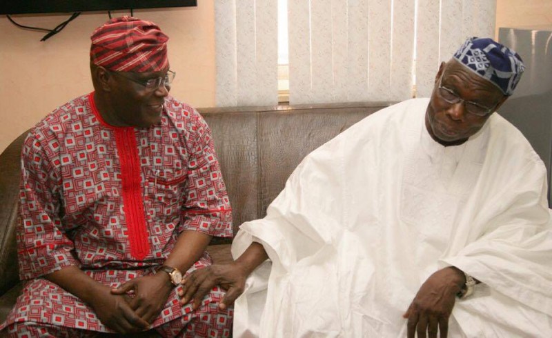 Former President Olusegun Obasanjo; former Vice-President, Atiku Abubakar, during Atiku’s visit to Obasanjo’s residence in Abeokuta, Ogun State on Friday, November 14, 2014. | Atiku Campaign Organization