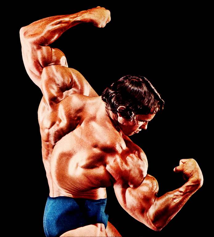 Arnold Schwarzenegger in a Mr Olympia poster