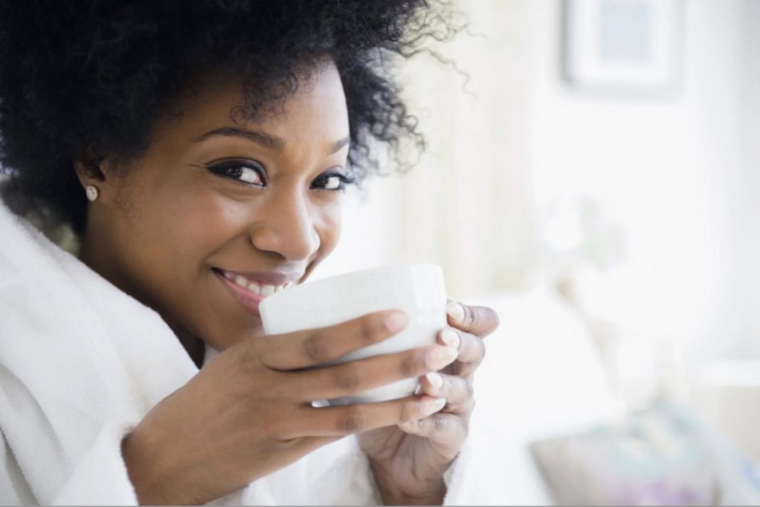 black woman drinking coffee tea, beverage, personal growth