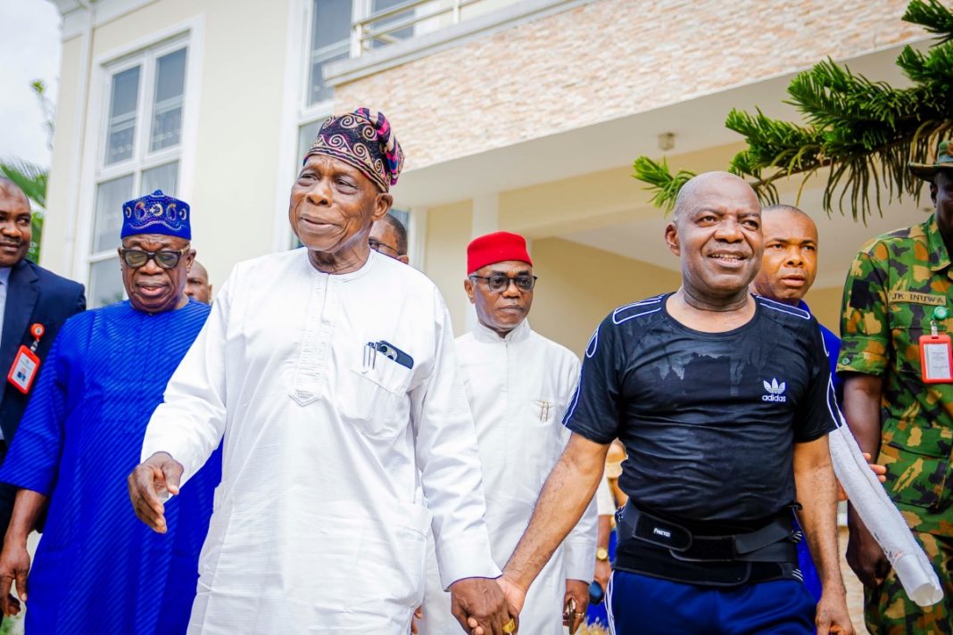 Former President Olusegun Obasanjo (left) and Governor Alex Otti when the former visited the Abia State Governor in his country home in Nvosi on Friday, March 22, 2024. | Abia Gov't Photo/X