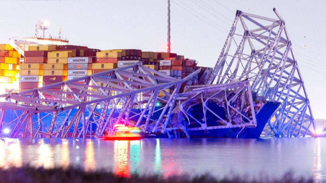 The collapsed Francis Scott Key Bridge in Baltimore, Maryland showing cargo ship that struck the bridge on Tuesday, March 26, 2024. | Sky News