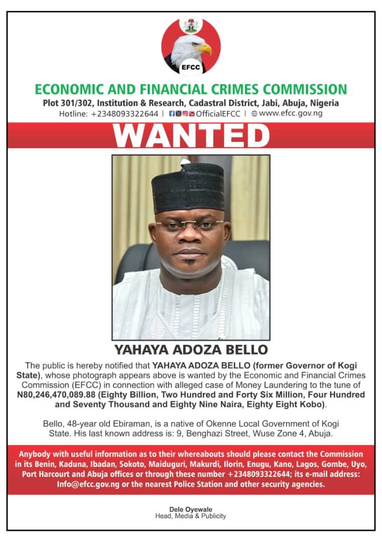 Yahaya Bello Wanted by EFCC