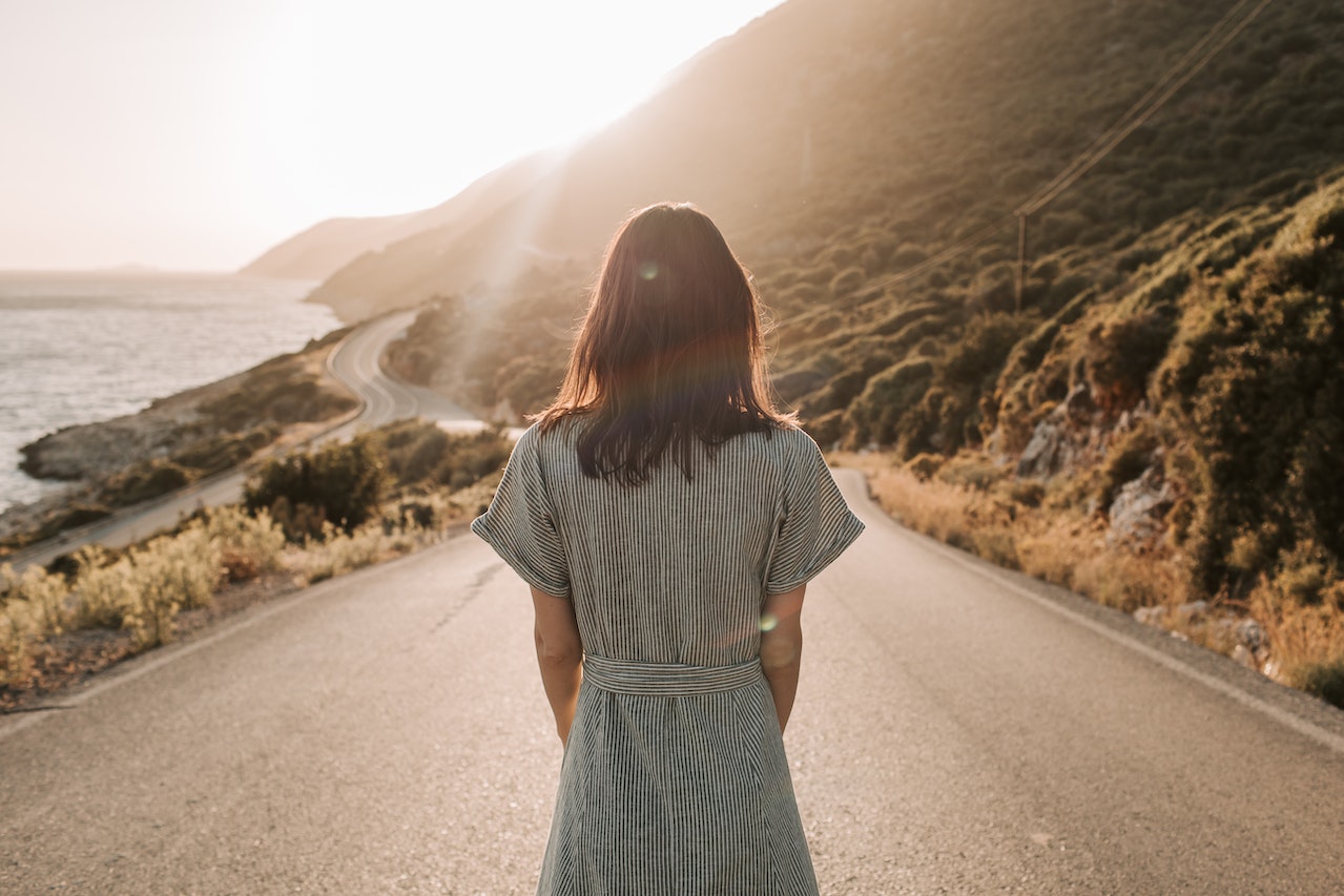 woman on road, worries, walks, peace