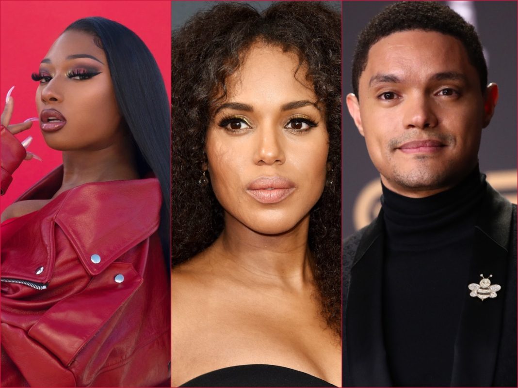 Harvard, Composite photo of Megan Thee Stallion, Kerry Washington, and Trevor Noah Celebrity