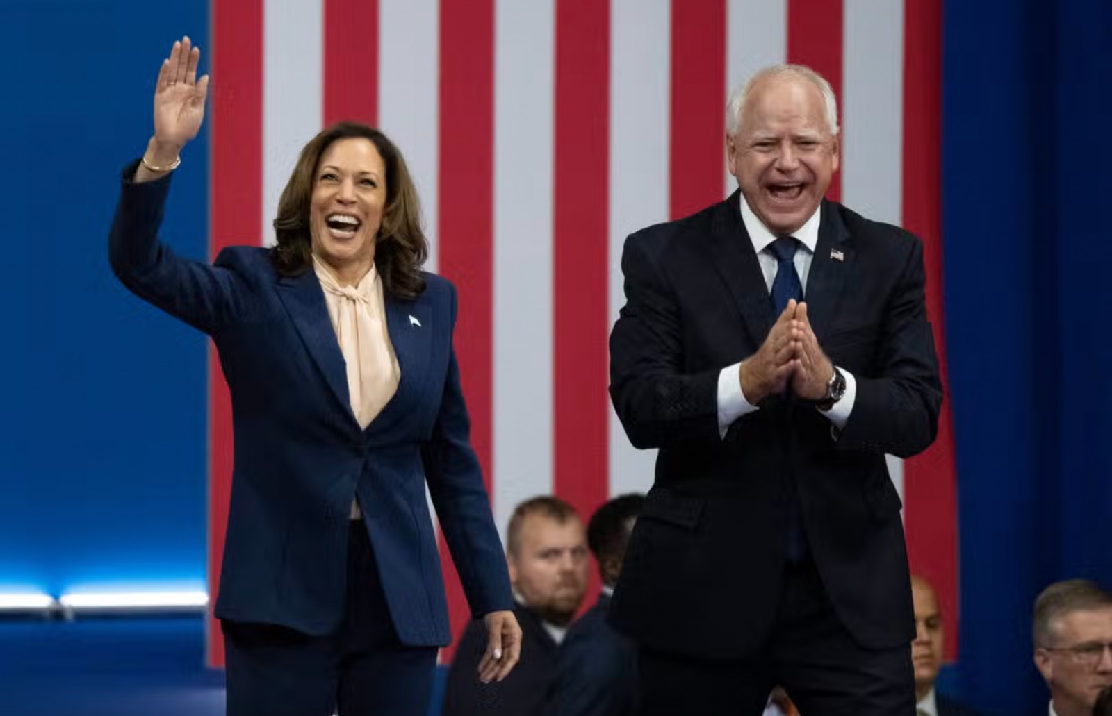 Vice President Kamala Harris and presidential campaign running mate Tim Walz are pictured together