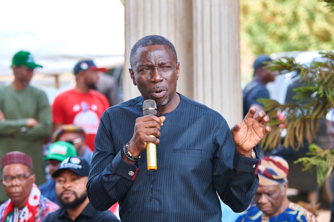 PDP, Dr Asue Ighodalo, the Gubernatorial Candidate of the Peoples Democratic Party (PDP) for the 2024 Edo State Elections pictured during a campaign stop in 2024.