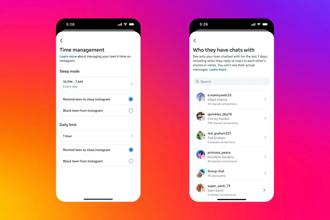 Instagram, teen, will give parents new oversight tools, including the ability to block teens' access to the app overnight and to see who their child has been chatting with. Courtesy Meta