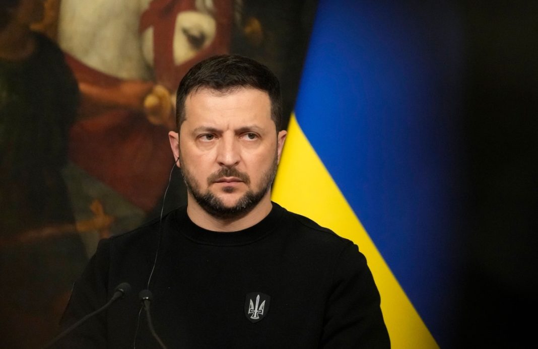 Volodymyr Zelensky attends a press conference in Rome on Saturday. Alessandra Tarantino/AP