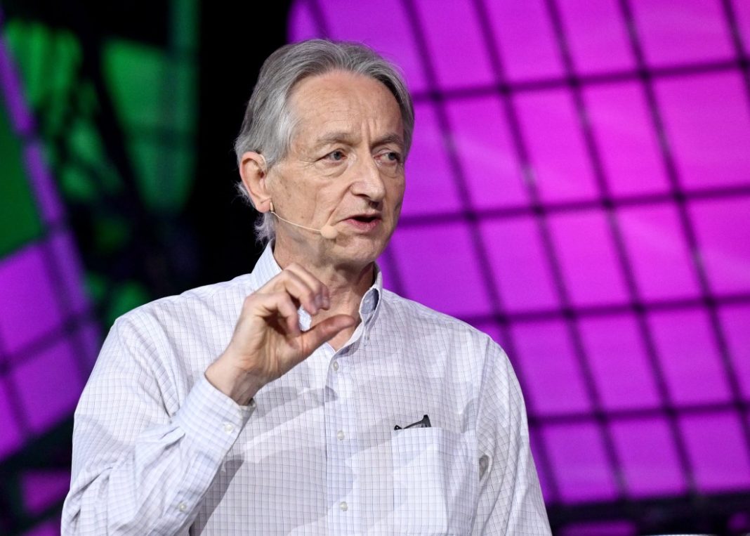 Geoffrey Hinton speaking during Collision 2023 at Enercare Centre in Toronto, Canada. Ramsey Cardy/Sportsfile via Getty Images