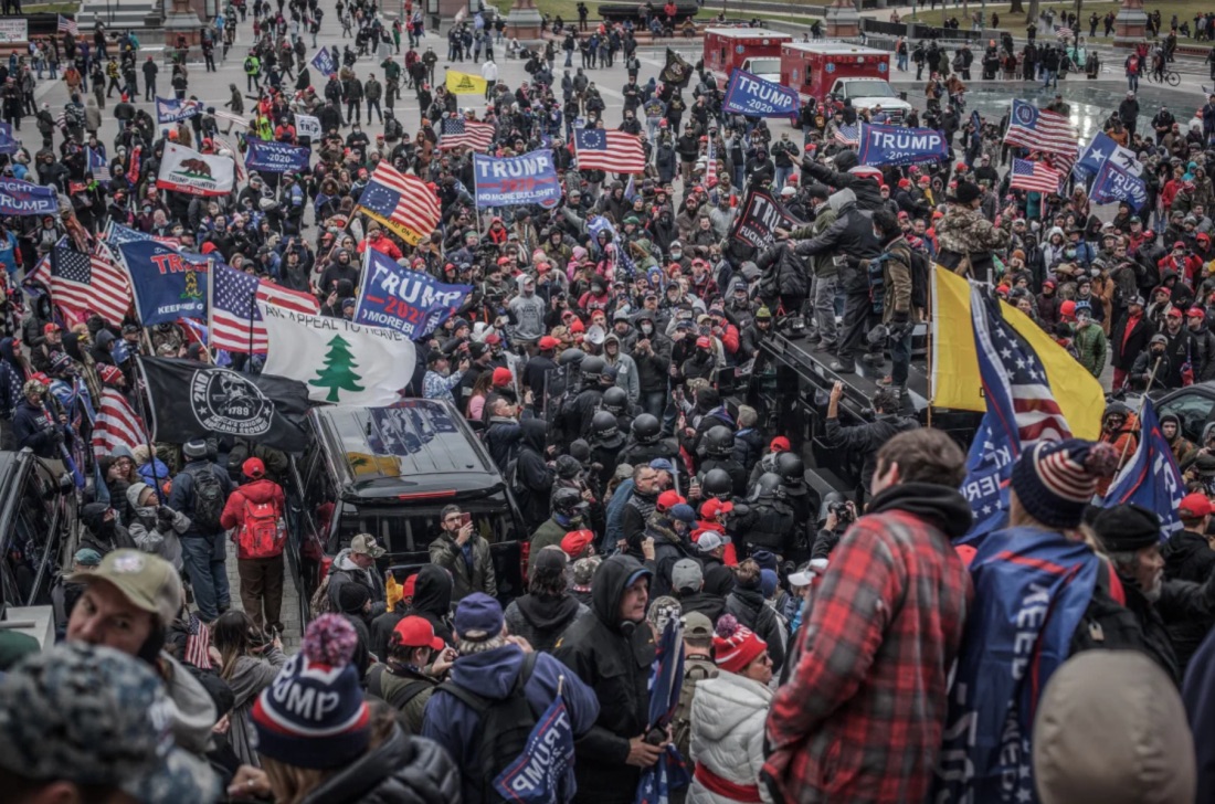 The "Appeal to Heaven" flag is seen in the left side of this photo from January 6, 2021, in Washington, DC, shortly before protesters stormed the US Capitol. | Shay Horse/NurPhoto/Getty Images