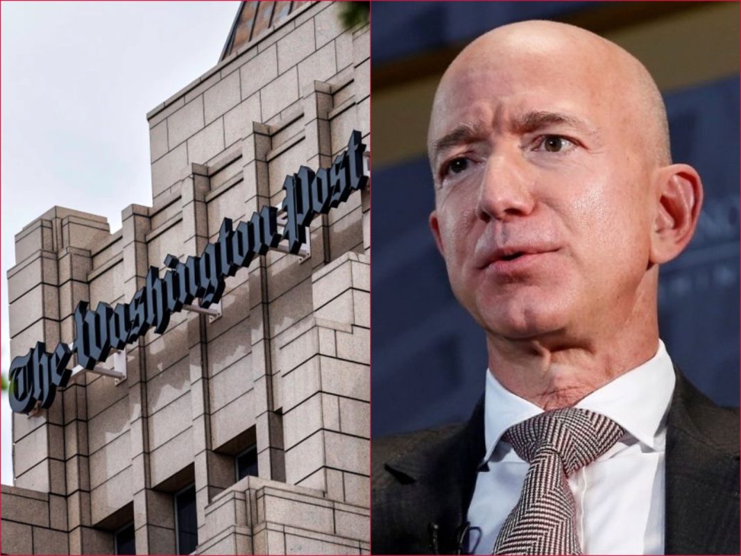 Composite photo of Jeff Bezos and a signage of The Washington Post