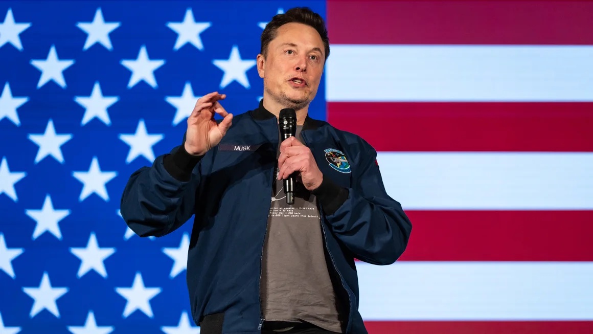 Elon Musk speaks during an America PAC