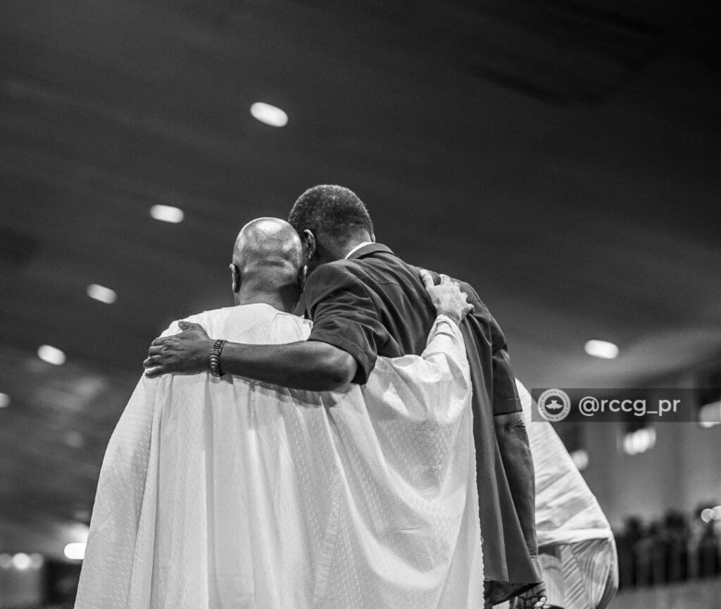 Pastor Enoch Adeboye hugs Bishop David Oyedepo (in white) at the later's 70th Birthday celebration at Faith Tabernacle, Canaanland, Otta, Ogun State on September 27, 2024. | RCCG Photo