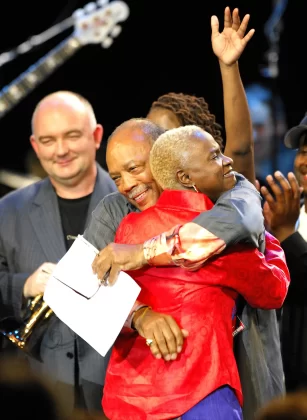 Jones hugs singer Angélique Kidjo at the end of the Quincy Jones’ 75th birthday celebration at the Montreux jazz festival, 2008 Photograph: Fabrice Coffrini/AFP/Getty Images