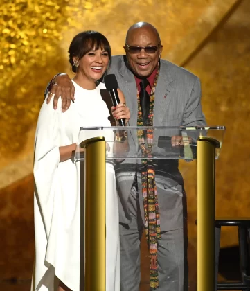 With daughter Rashida Jones on stage at Q85: A Musical Celebration for Quincy Jones in 2018 in Los Angeles. Jones was married three times and had seven children.