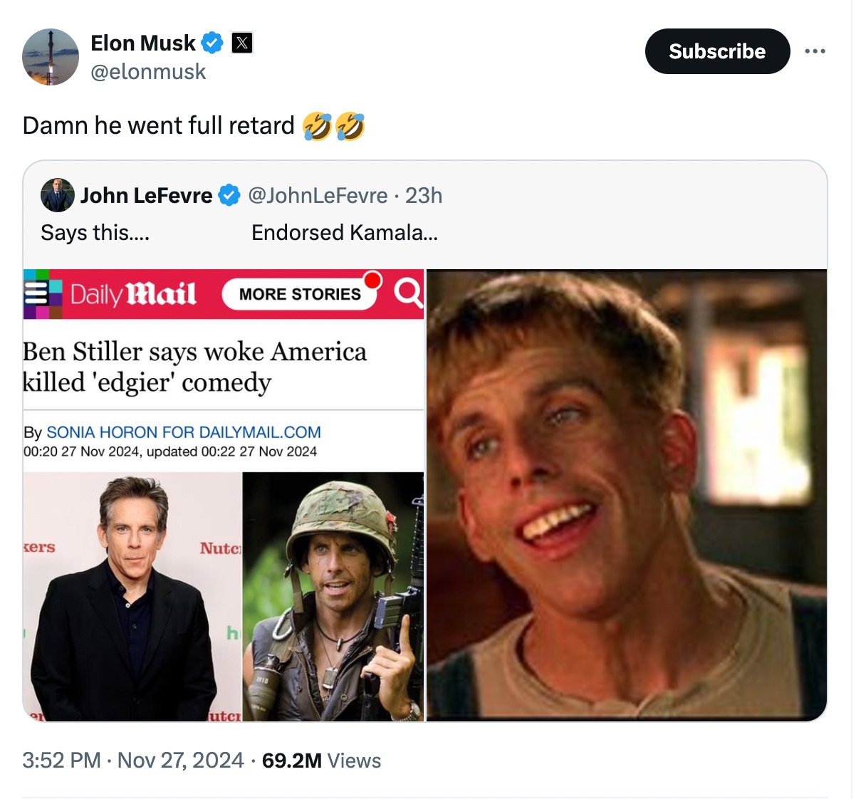 Ben Stiller Elon Musk Tweet The Trent