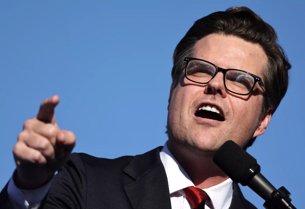 U.S. Rep. Matt Gaetz (R-FL) speaks at a campaign rally for Republican presidential nominee, former U.S. President Donald Trump on October 12, 2024 in Coachella, California. | Getty Images 