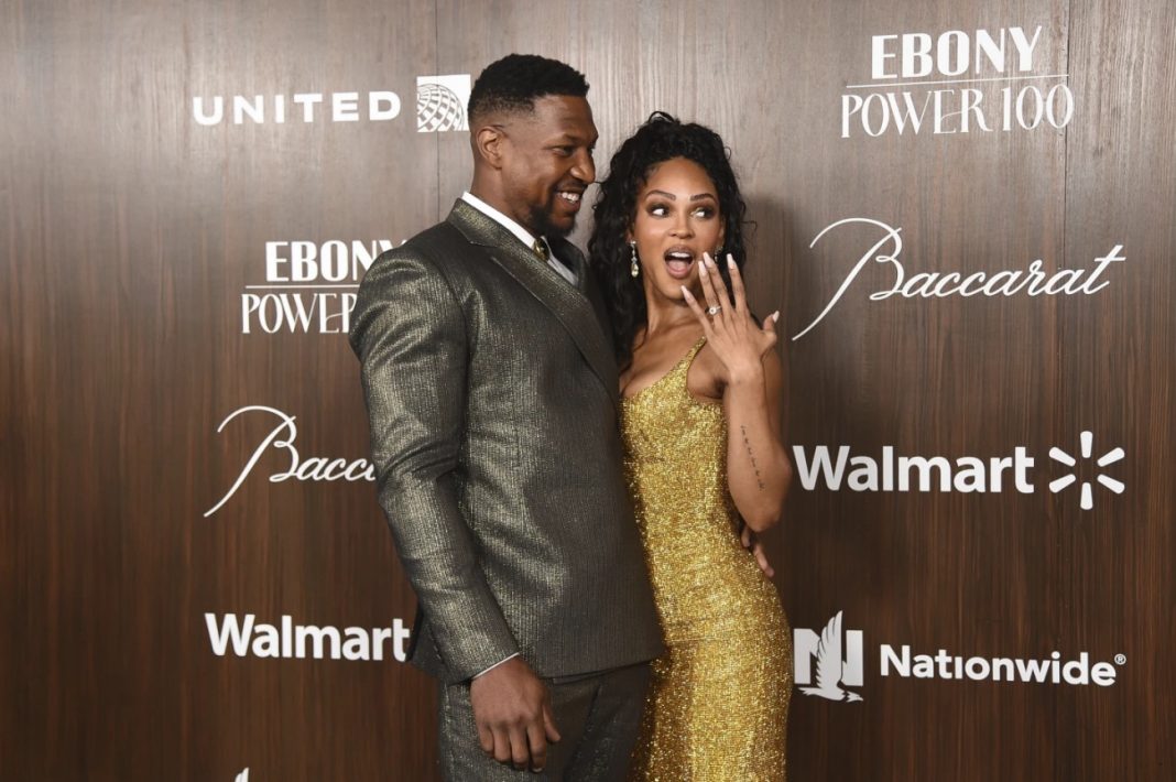 Jonathan Majors, left, and Meagan Good arrive at Ebony Power 100 on Sunday, Nov 17, 2024, at nay studios West in Los Angeles. | Richard Shotwell/Invision/AP