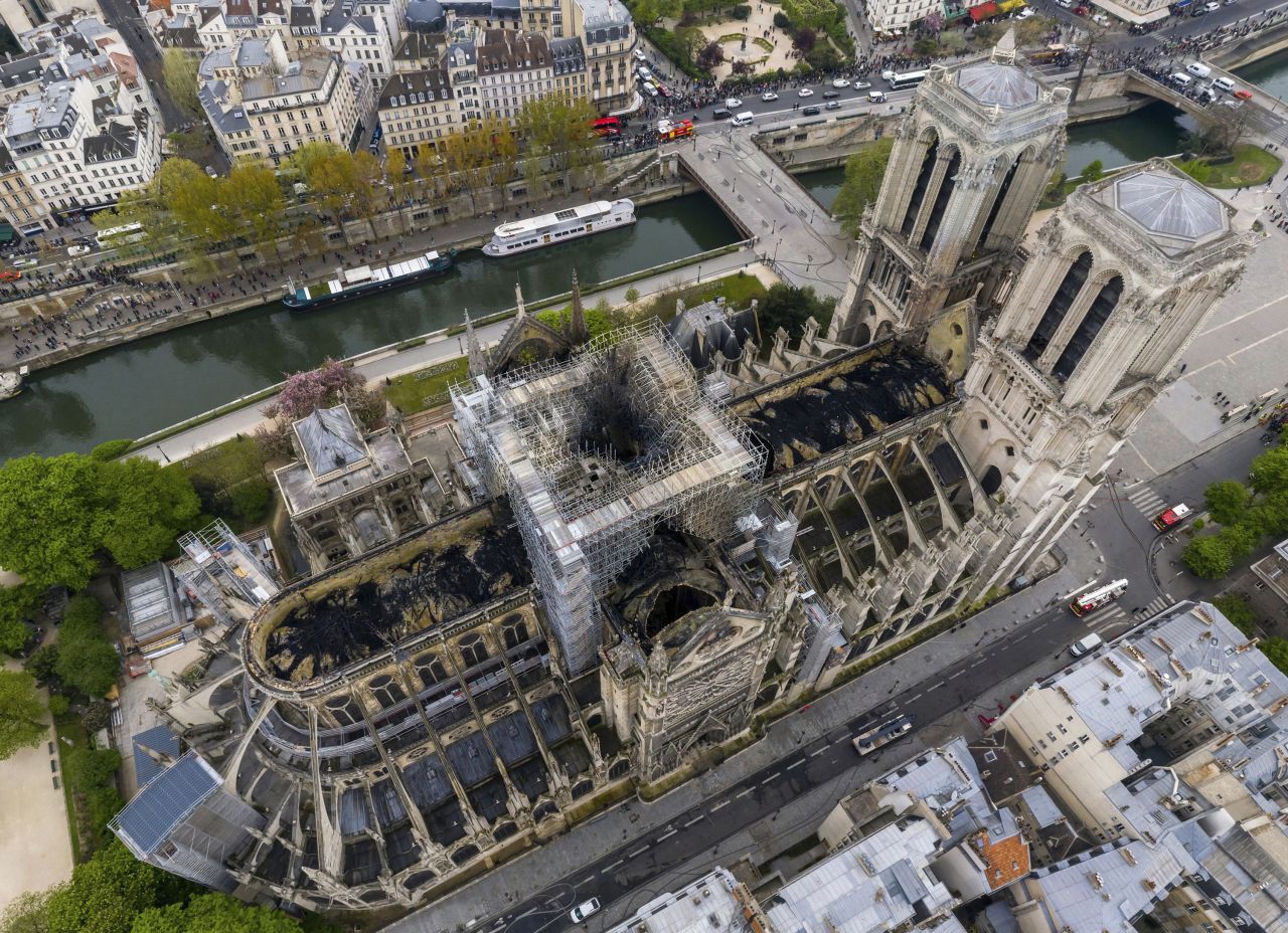 An image made available by Gigarama.ru on Wednesday April 17, 2019 shows an aerial shot of the fire damage to Notre Dame cathedral in Paris on Tuesday April 16. | Gigarama.ru/AP  