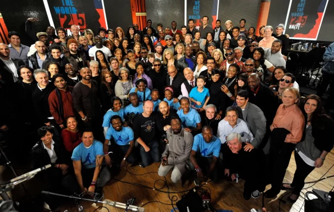 Singers and producers of "We Are The World 25 Years for Haiti" pose for a group picture following the recording session held at Jim Henson Studios on February 1, 2010 in Hollywood, California. | Kevin Mazur/WireImage/Getty Images