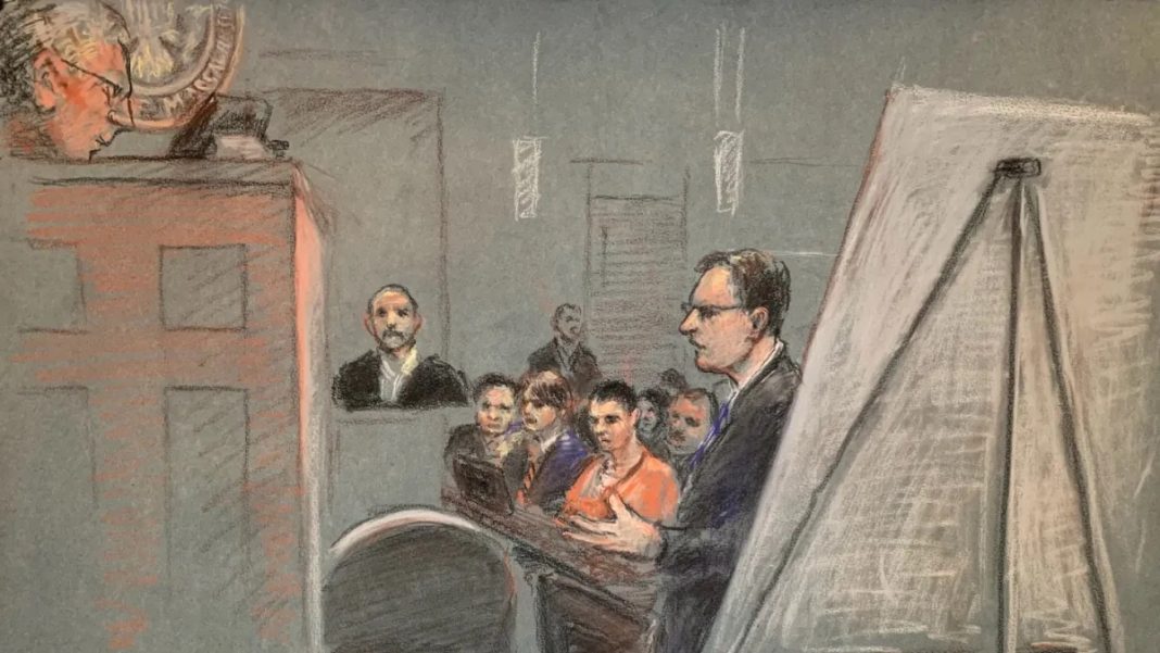 Court room sketch showing Jack Teixeira, in orange, and his father, Jack Michael Teixeira, on stand.