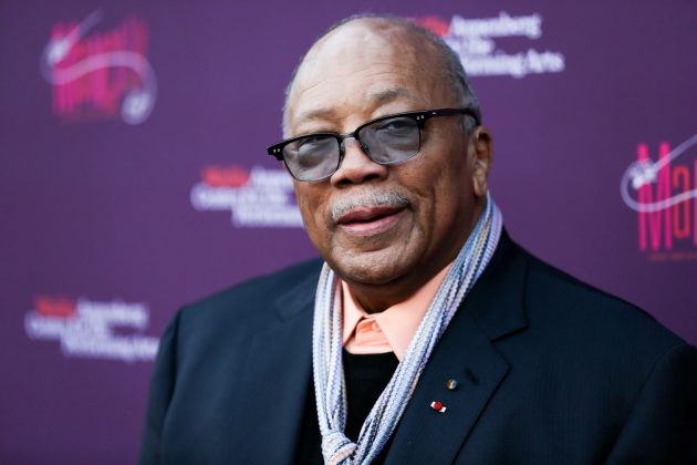 Ray Charles and Quincy Jones during Music Legend Ray Charles Gets Grammy Presidents's Merit Award at Ray Charles Enterprises in Los Angeles, CA, United States. (Photo by George Pimentel/WireImage for NARAS)