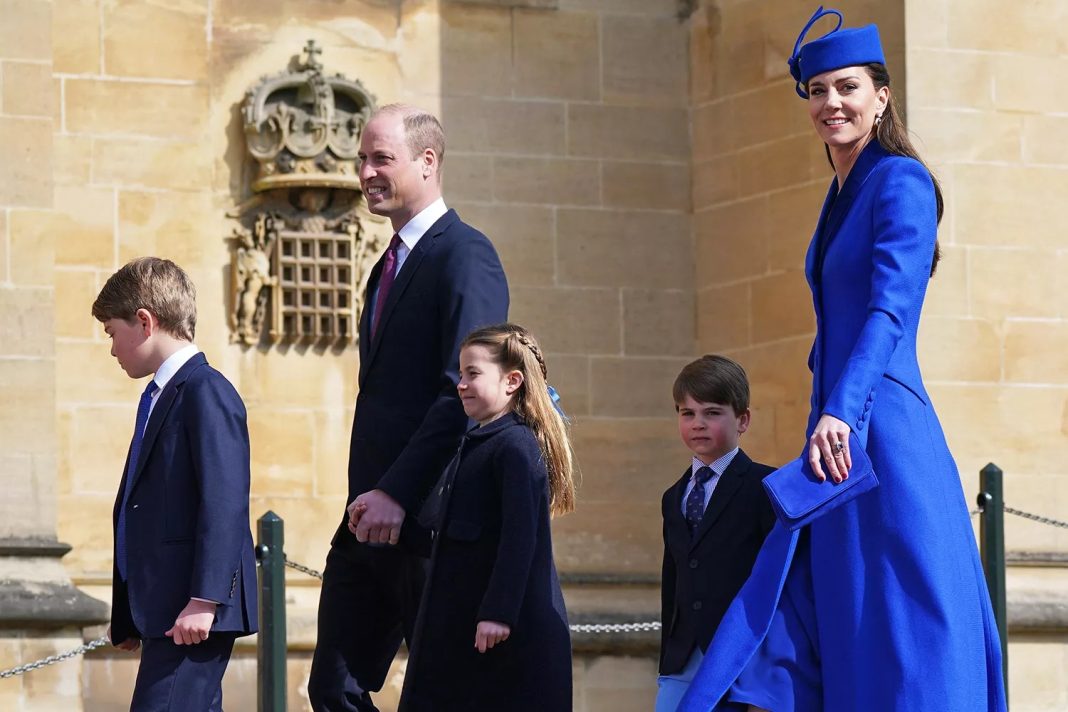  Prince William and Kate Middleton with their children Prince George, Princess Charlotte and Prince Louis at Windsor Castle in April 2023. | You Mok/WPA Pool/Getty Images