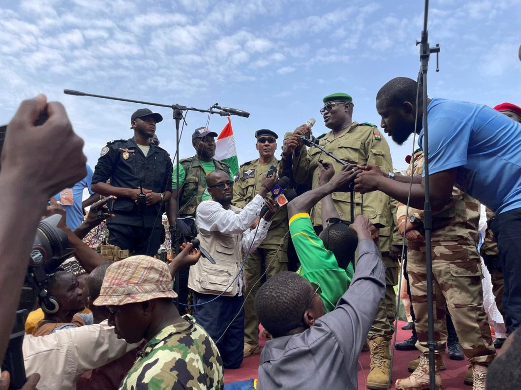 military junta Mohamed Toumba, one of the soldiers who ousted Nigerian President Mohamed Bazoum, addresses supporters of Niger’s ruling junta in Niamey, Niger, Sunday, Aug. 6, 2023. | AP Photo/Sam Mednick, File