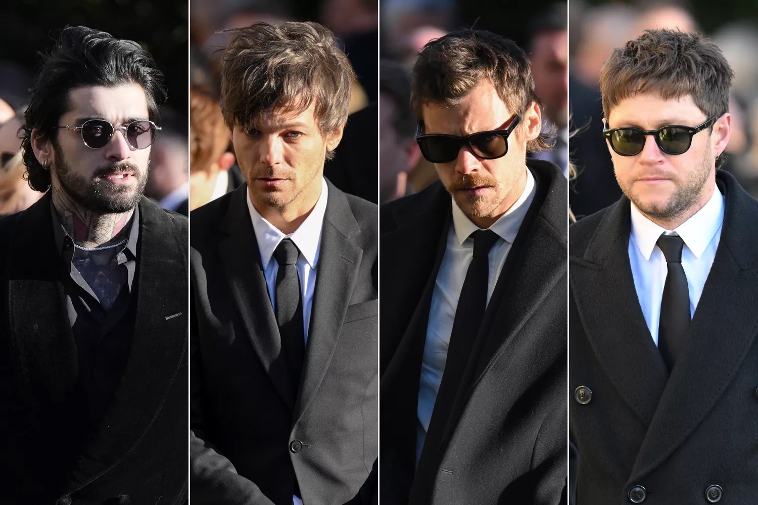 Zayn Malik, Louis Tomlinson, Harry Styles and Niall Horan at Liam Payne's funeral service held at St Mary’s Church, Amersham, northwest of London on Wednesday, November 20, 2024. | Andrew Matthews/PA Images via Getty, Karwai Tang/Wireimage 