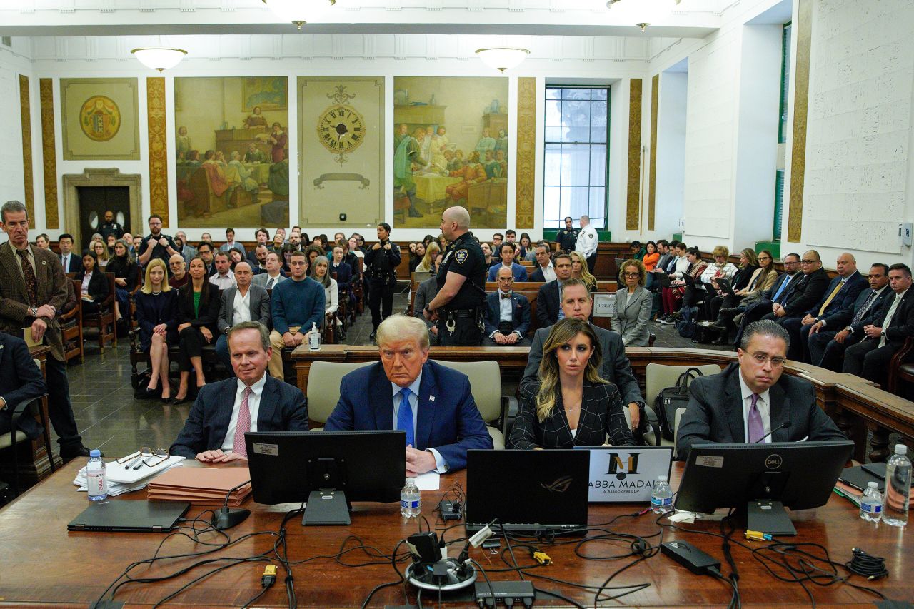 Former President Donald Trump, second from left, waits to take the witness stand at New York Supreme Cout on Monday, November 6, 2023. He's joined by his attorneys Chris Kise, left, Alina Habba, second from right, and Robert Clifford. | Eduardo Munoz Alvarez/Pool/AP