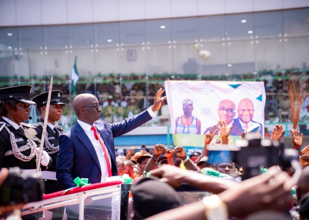 Edo Governor Monday Okpebholo takes a parade after taking the oath of office on November 12, 2024 in Benin City, Edo State | X