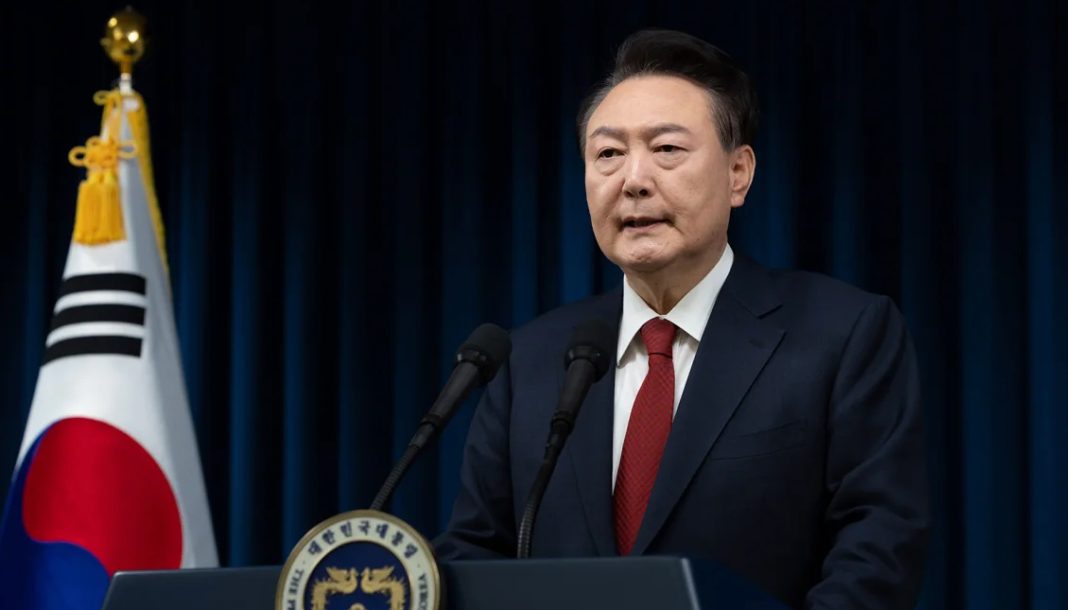 South Korean President Yoon Suk-Yeol speaks to the nation at the Presidential Office in Seoul, South Korea on December 7, 2024. South Korean Presidential Office/Getty Images