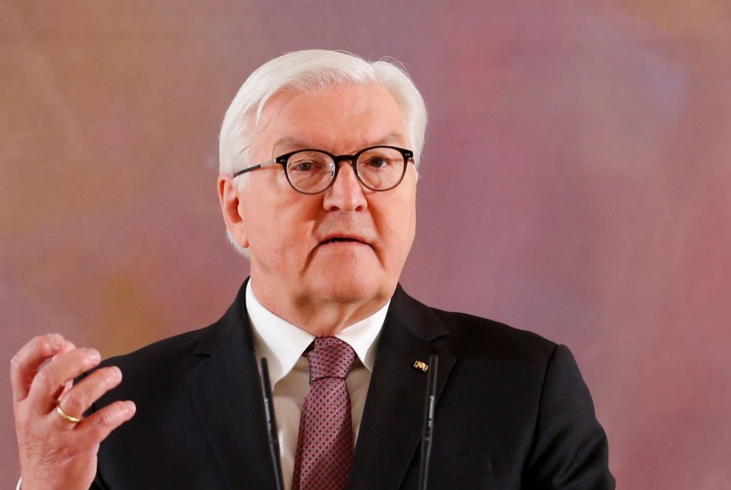 German President Frank-Walter Steinmeier gestures as he addresses the media at Bellevue Castle in Berlin, Germany May 28, 2021. REUTERS/Michele Tantussi