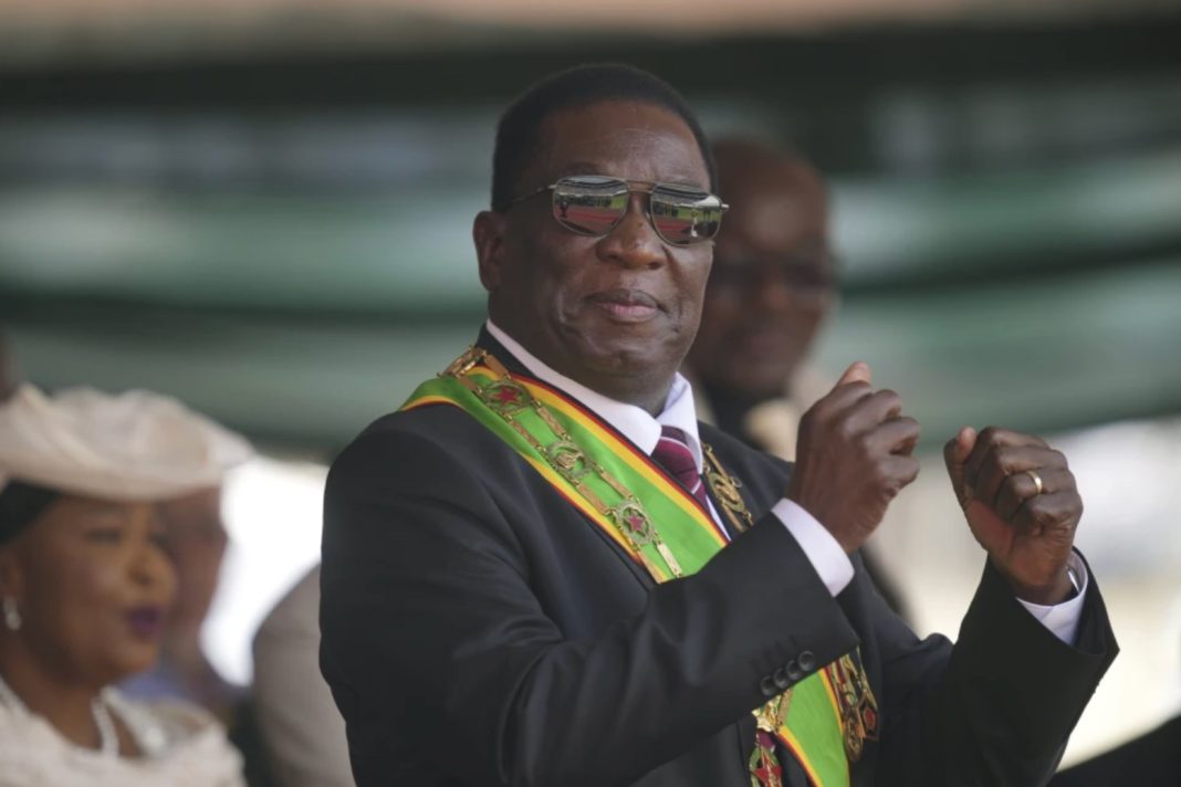 land, Black farmers, Zimbabwe President Emmerson Mnangagwa gestures during his inauguration ceremony at the National Sports Stadium in the capital, Harare, on Sept. 4 2023. | AP Photo /Tsvangirayi Mukwazhi, File