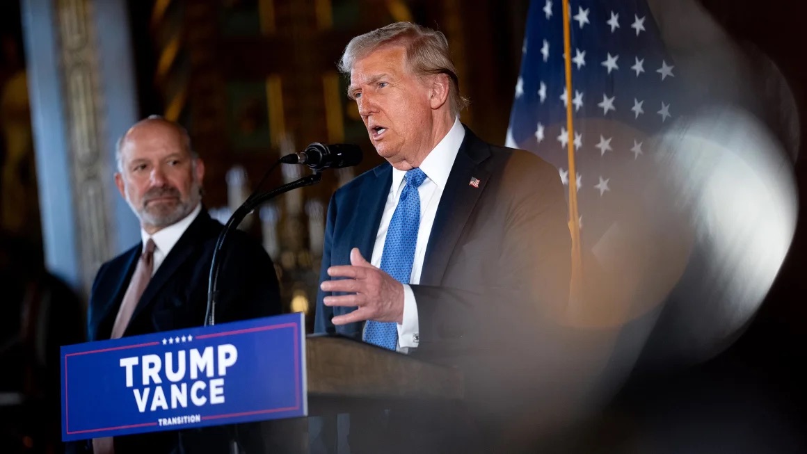  President-elect Donald Trump speaks at a news conference at Mar-a-Lago on December 16, 2024, in Palm Beach, Florida. | Andrew Harnik/Getty Images 