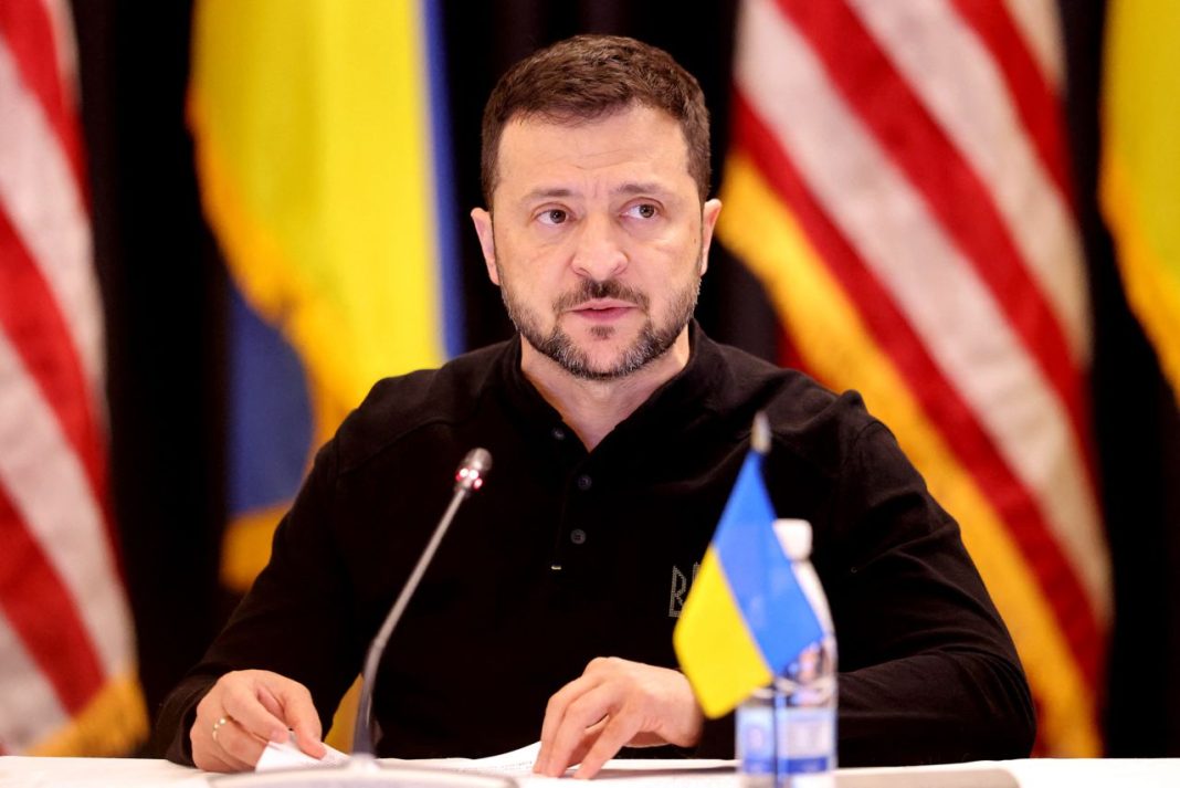 Ukrainian President Volodymyr Zelenskyy speaks during a meeting at the US air base in Ramstein, Germany in September 2024. | Daniel Roland/AFP/Getty Images 