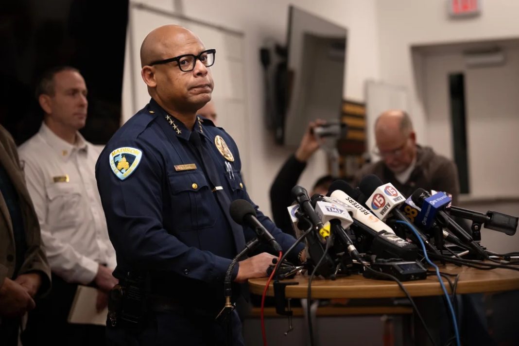 Madison Police Chief Shon Barnes, a former teacher, said the tragedy of school shootings must stop. | Scott Olson/Getty Images