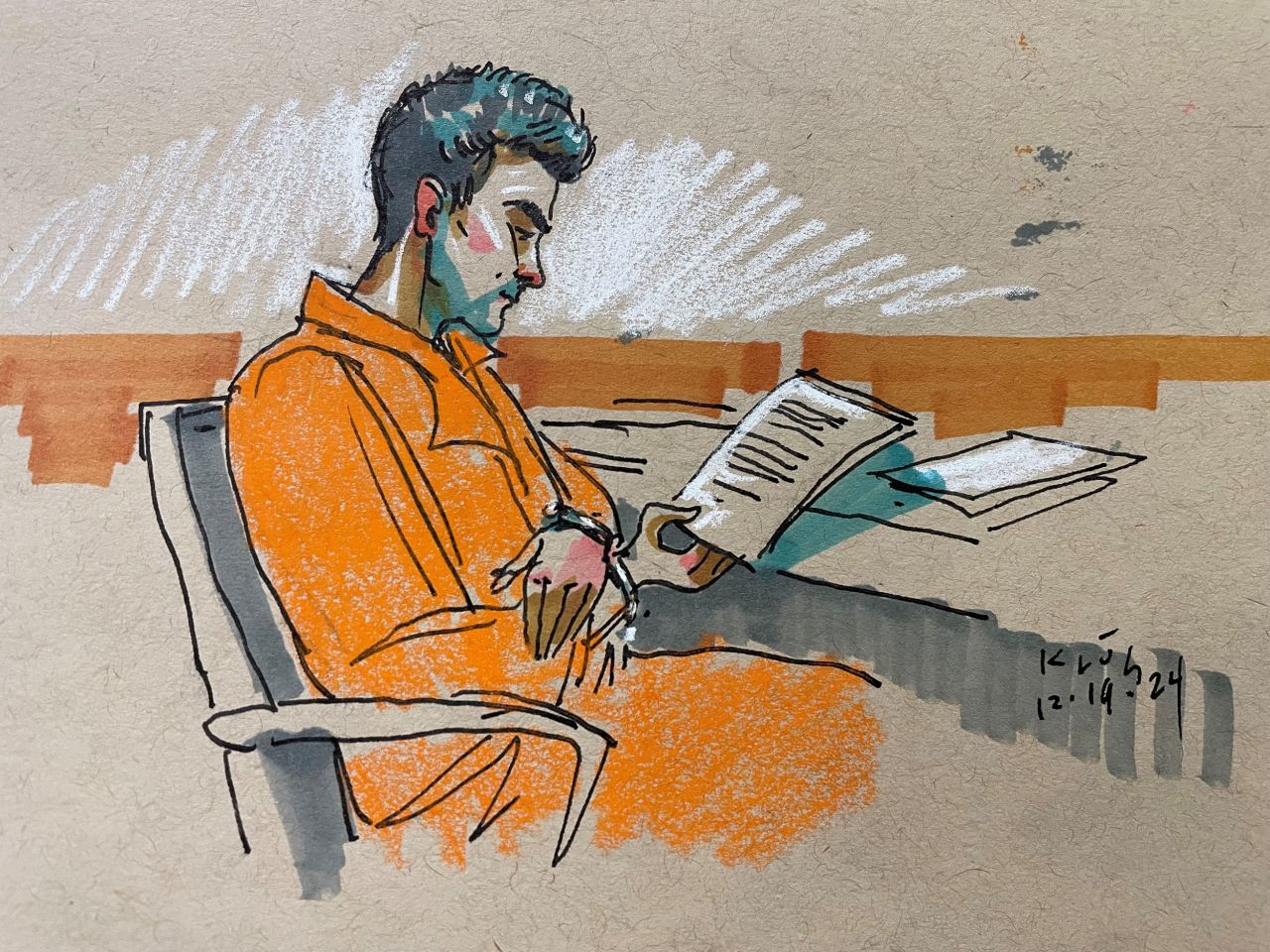 Sketch of Luigi Mangione in Court on Thursday, December 19, 2024. | Dave Klug