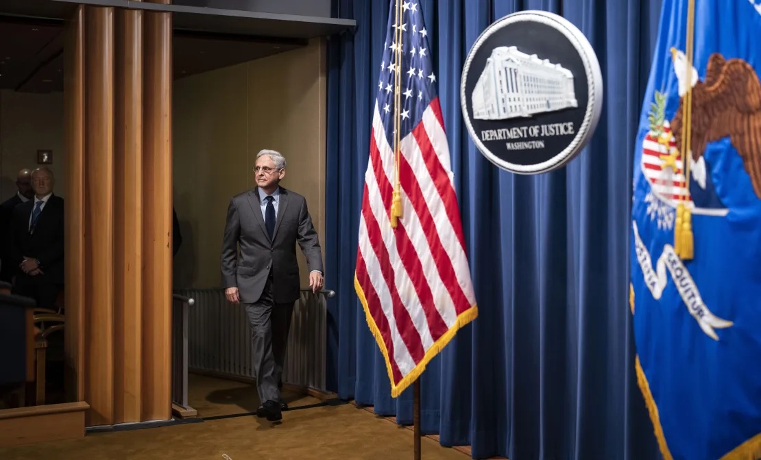 Attorney General Merrick Garland arrives to speak to reporters at the Justice Department in Washington on October 24, 2022. | Doug Mills/The New York Times/Redux