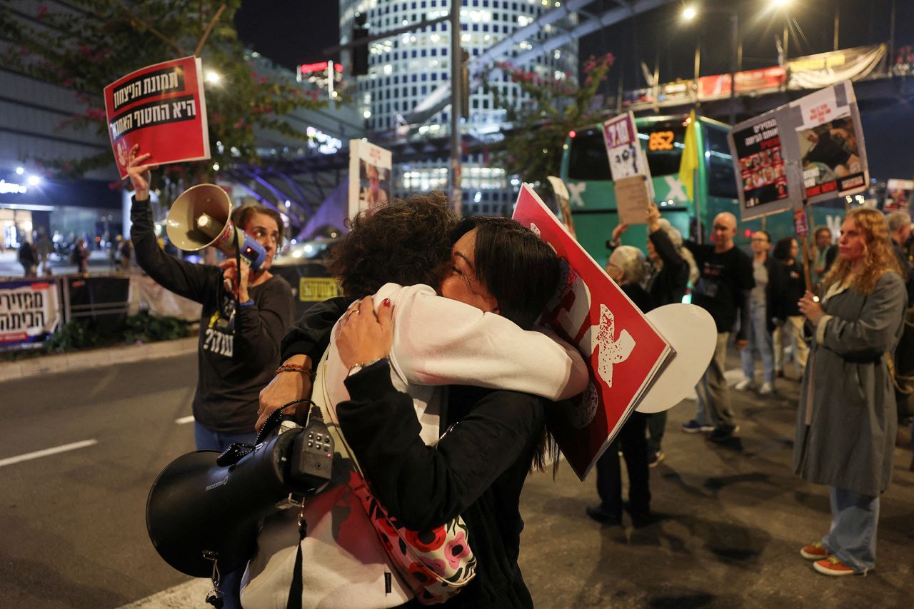 gaza, Supporters of Israeli hostages react to news on the Gaza ceasefire negotiations in Tel Aviv, Israel, on Wednesday, January 15, 2025. | Ronen Zvulun/Reuters