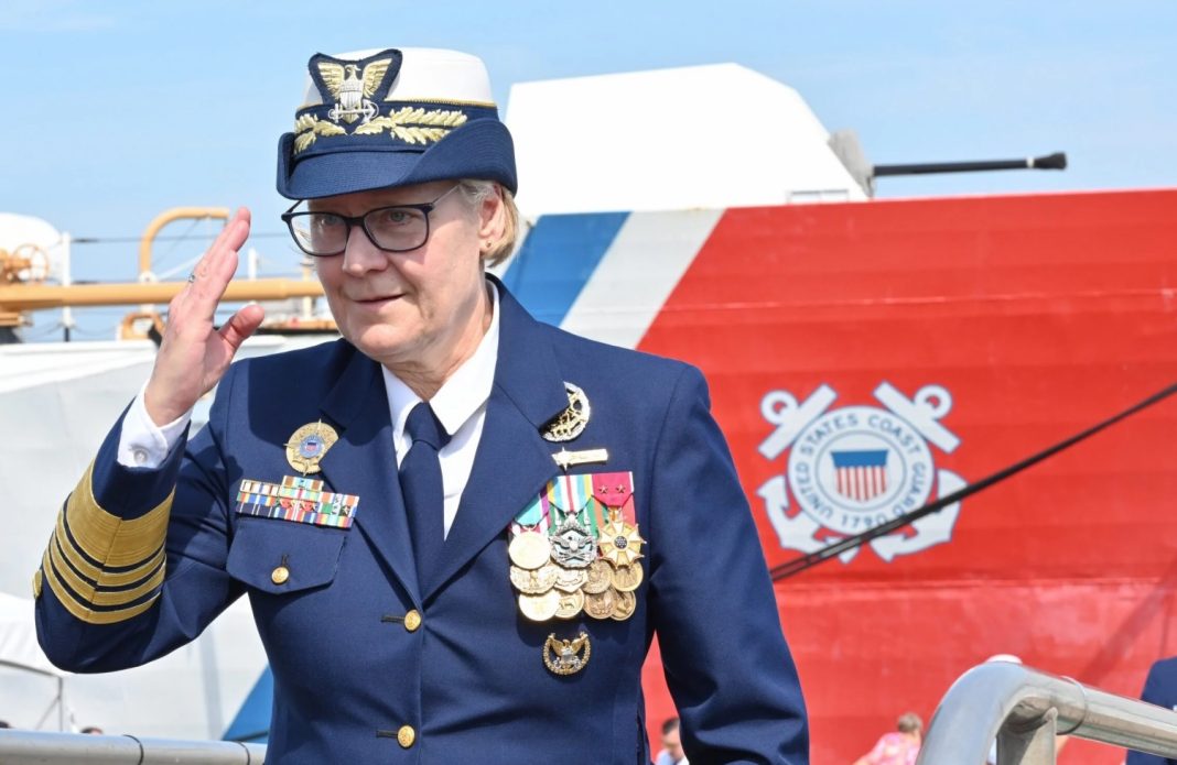 branch, Coast Guard Commandant Adm. Linda Fagan salutes the national ensign while embarking U.S. Coast Guard Cutter Calhoun (WMSL-759), April 20, 2024. US Coast Guard Photo