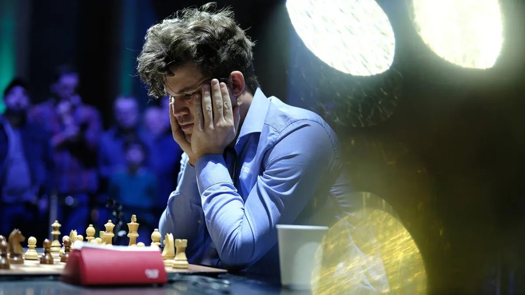 Magnus Carlsen at Day 2 of the FIDE World Rapid and Blitz Chess Championship on December 27, 2024, in New York City.