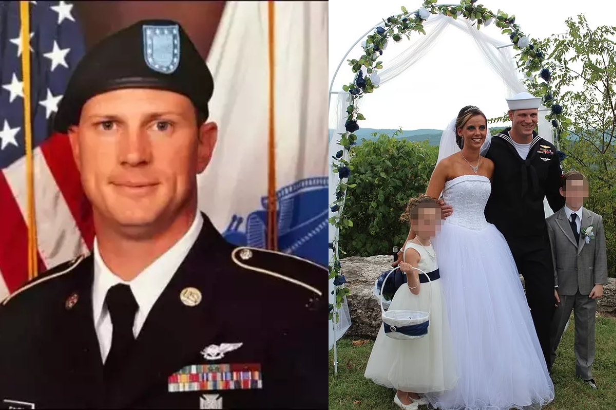 Chief Warrant Officer 2 Andrew Loyd Eaves, on the right his Eaves pictured at his wedding with his wife and two children. 