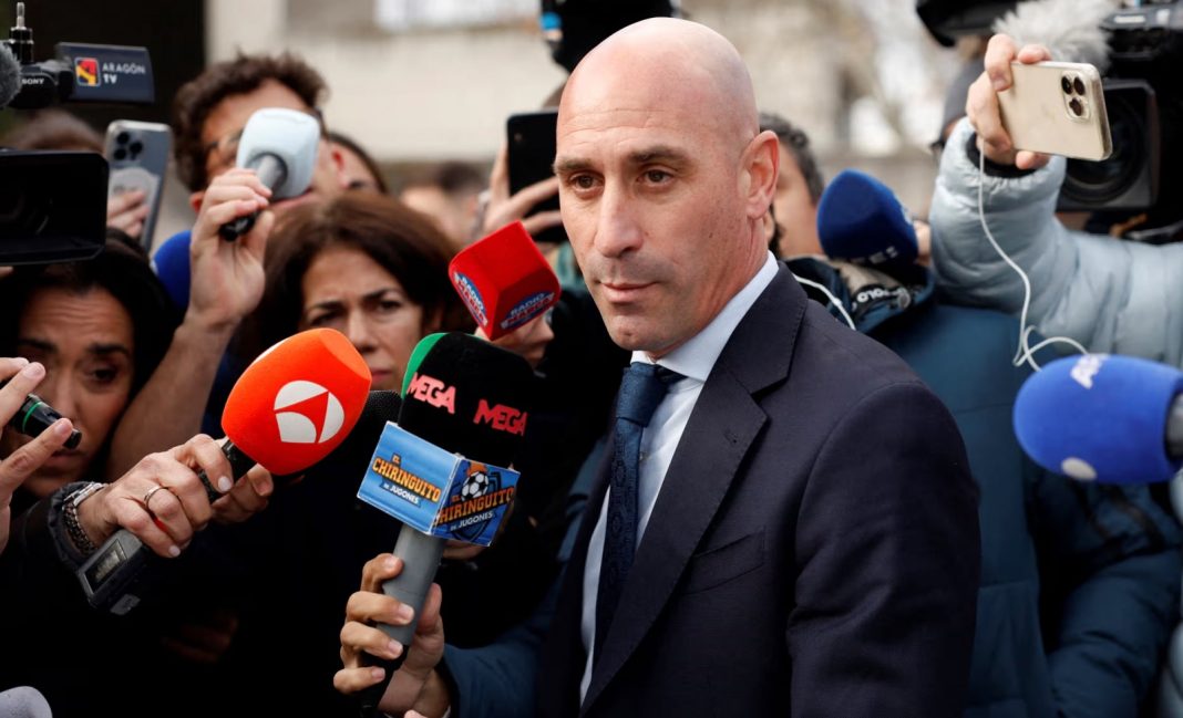 Luis Rubiales leaving court earlier in the trial. He maintained the kiss on Hermoso’s lips was consensual. Photograph: Juan Medina/Reuters