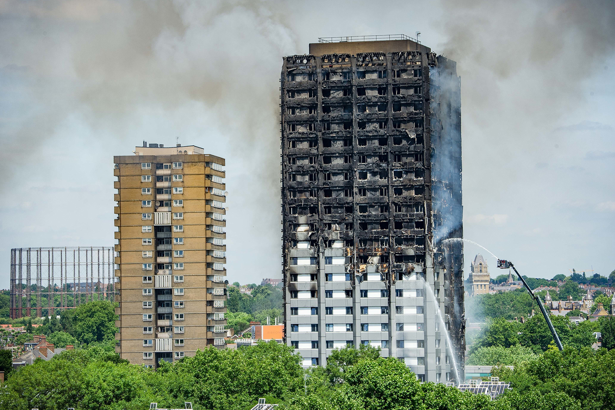 Grenfell Tower in west London this morning from the fire tha