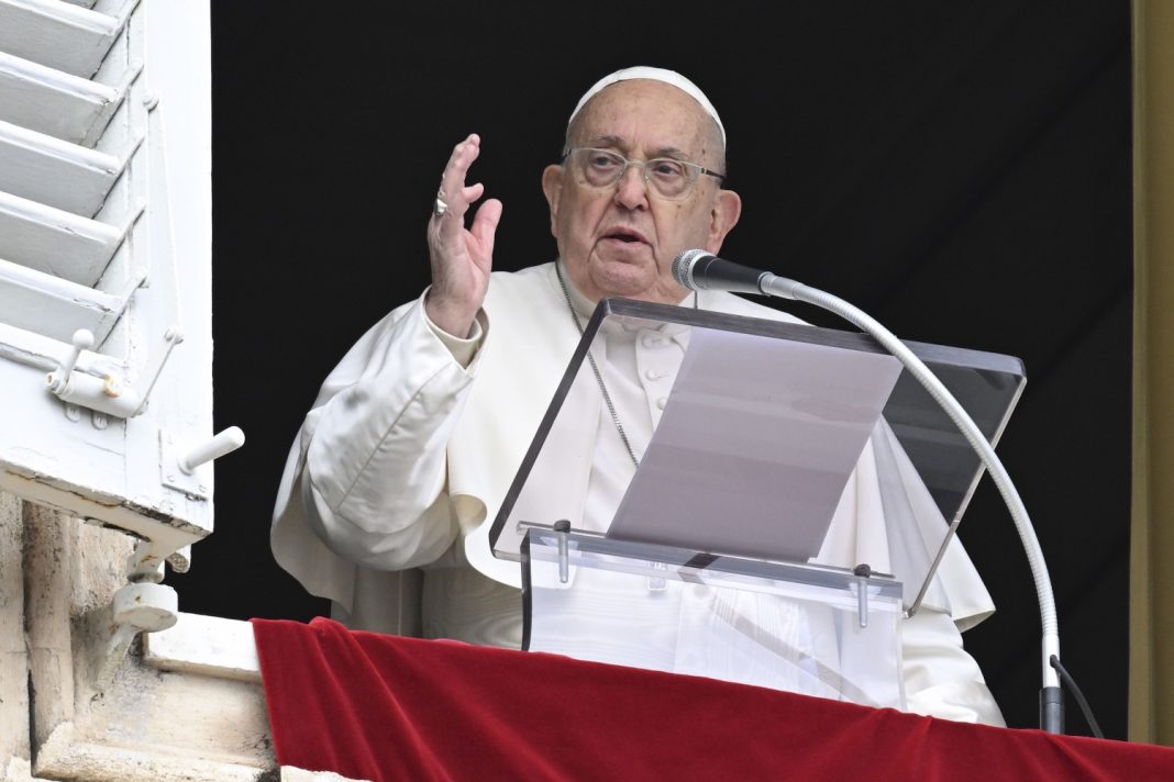 VATICAN CITY, VATICAN - JANUARY 12: Pope Francis delivers his Sunday Angelus blessing from the window of his studio overlooking St. Peter's Square on January 12, 2025 in Vatican City, Vatican. Pope Francis turned his thoughts to the thousands of people affected by devastating fires in the US city of Los Angeles and renewed his appeal to pray for peace. Less Vatican Media via Vatican Pool/Getty Images